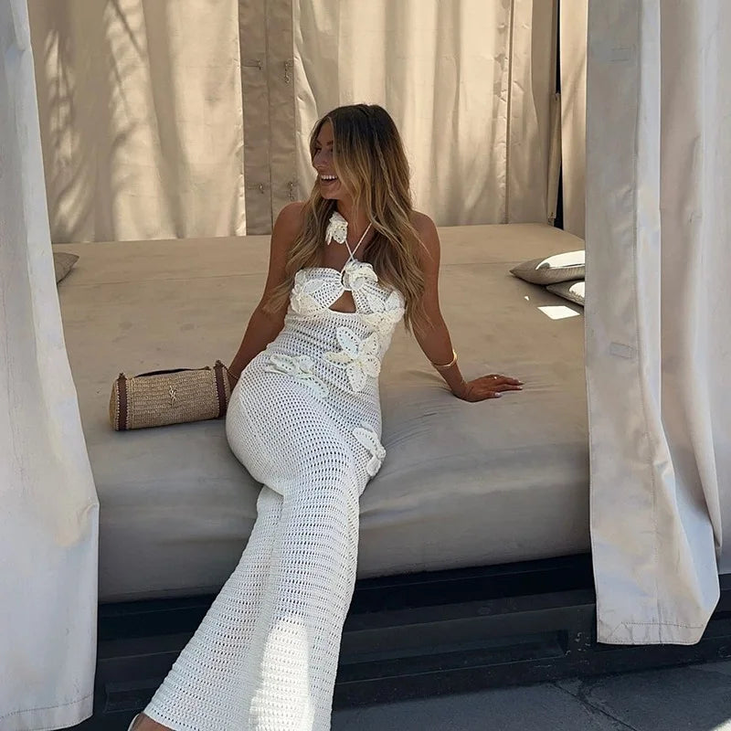 See Through Crochet Floral Knit Sexy Maxi Dress For Women Halter Sleeveless Backless Party Long Dress Beachwear New