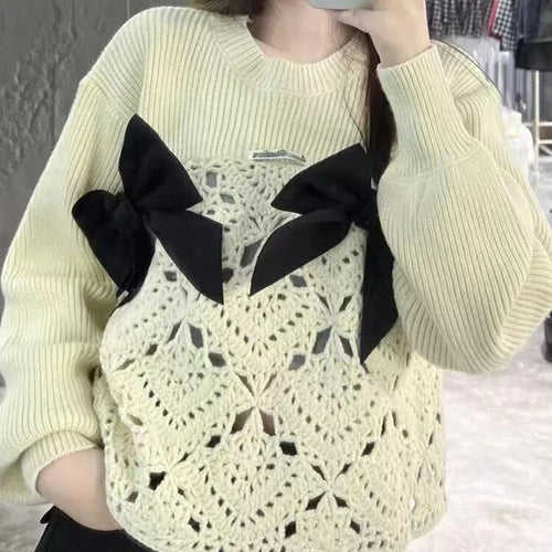 Load image into Gallery viewer, Solid Patchwork Bow Knitting Sweaters For Women Round Neck Long Sleeve Hollow Out Sweater Female Fashion Clothes
