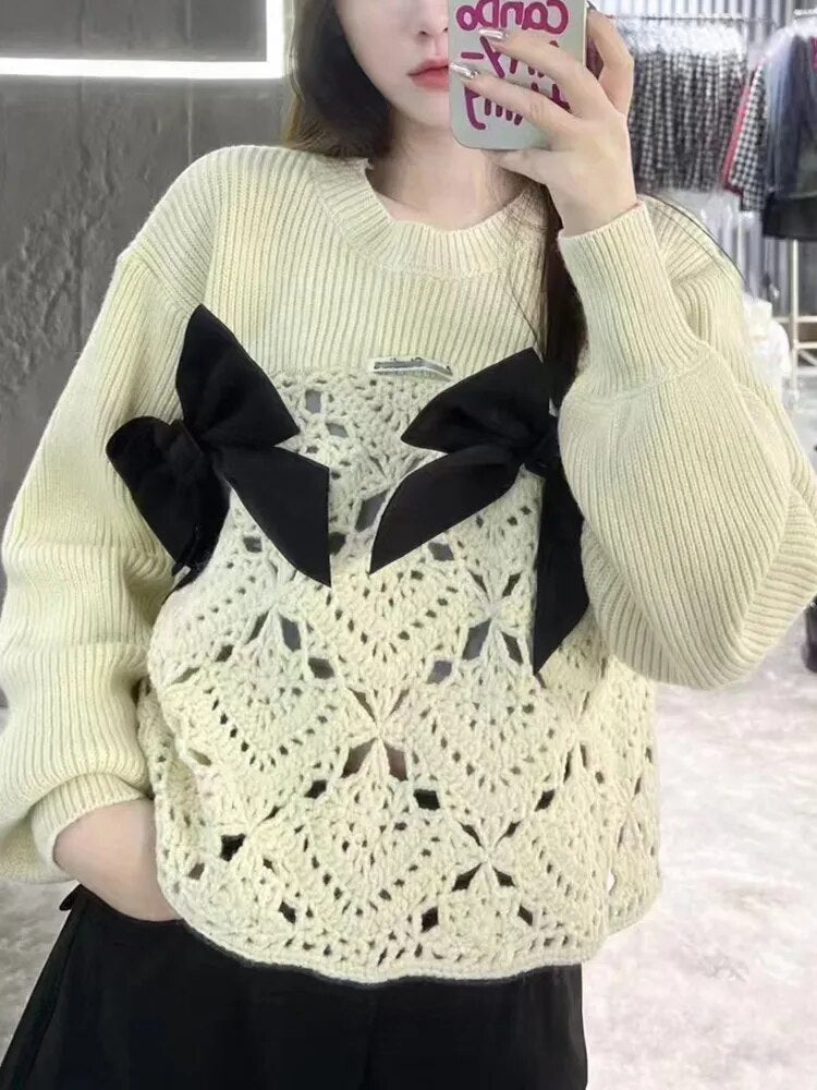 Solid Patchwork Bow Knitting Sweaters For Women Round Neck Long Sleeve Hollow Out Sweater Female Fashion Clothes