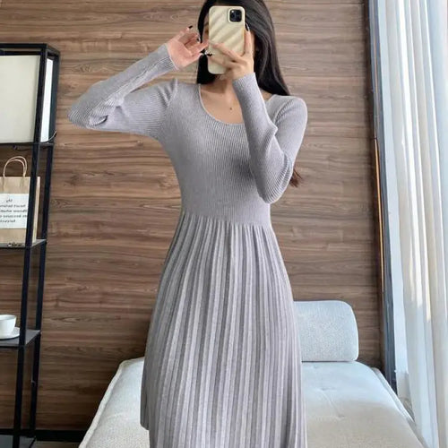 Load image into Gallery viewer, Black Elegant Knitted Pleated Mini Dress Women Gray Slim O-neck Long Sleeve Party A-line Dress 2023 Autumn Lady Streetwear Robe
