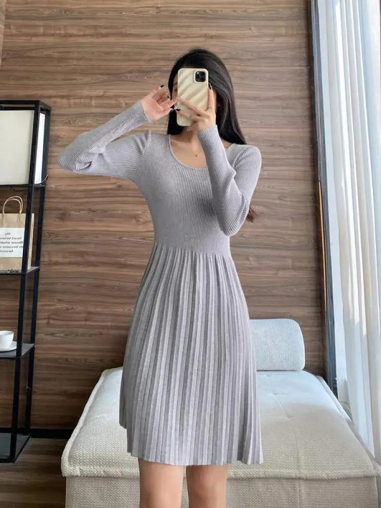 Black Elegant Knitted Pleated Mini Dress Women Gray Slim O-neck Long Sleeve Party A-line Dress 2023 Autumn Lady Streetwear Robe