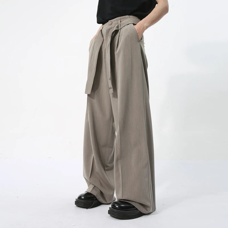 Men's Casual Trousers Japanese Style Ribbon Decoration Three-dimensional Design Loose Solid Color Male Drape Pants 9C5736