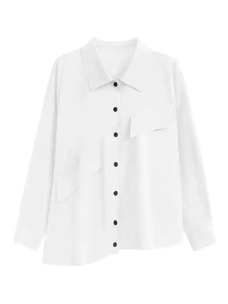 Women Blue Big Size Irregular Casual Blouse New Lapel Long Sleeve Loose Fit Shirt Fashion Tide Spring Autumn 2025 1DH3555