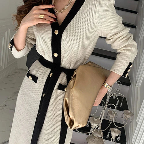 Load image into Gallery viewer, Elegant French V-neck Office Lady with Tie Waist Black Cardigan Knitting Vintage Korean Chic Party Single Breasted Women Dress
