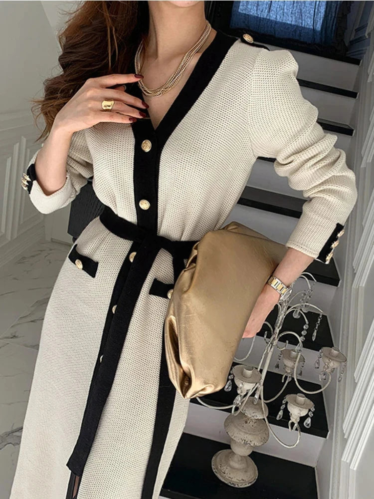 Elegant French V-neck Office Lady with Tie Waist Black Cardigan Knitting Vintage Korean Chic Party Single Breasted Women Dress