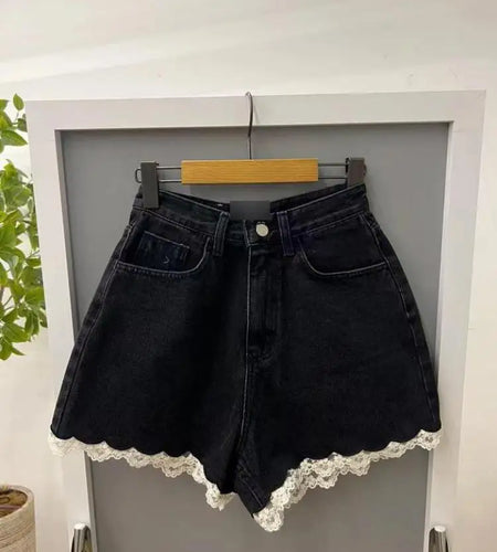 Women Lace Patchwork Denim Blue High Waist Shorts Summer Casual Button Loose Wide Leg All-match Streetwear A-line Jeans Korean