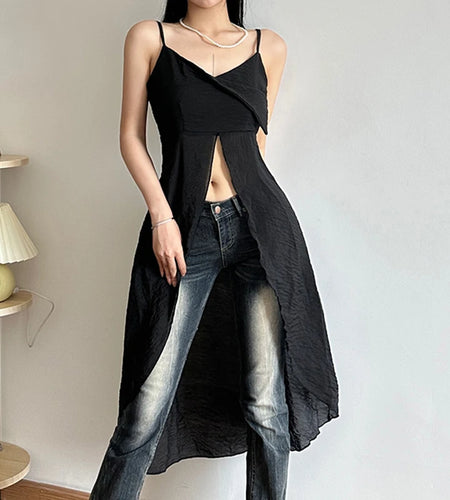 Casual Holidays Strap Long Camisole Top Draped Slit Boho Korean Style Summer Top Women Outfits Beach Design Black New