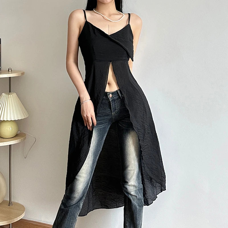 Casual Holidays Strap Long Camisole Top Draped Slit Boho Korean Style Summer Top Women Outfits Beach Design Black New