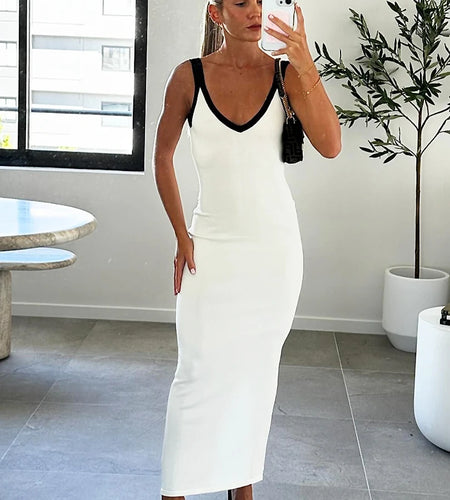 Fashion Color Block V Neck Straps Backless Slit Sexy Bodycon Maxi Dress Women Elegant Outfits Party Festival Y2K