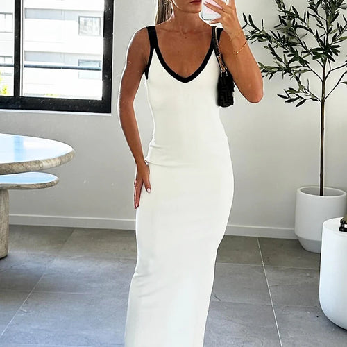 Load image into Gallery viewer, Fashion Color Block V Neck Straps Backless Slit Sexy Bodycon Maxi Dress Women Elegant Outfits Party Festival Y2K
