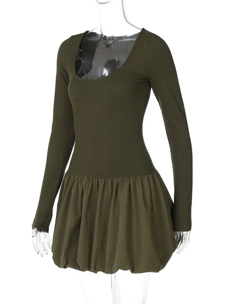 Long Sleeve Puffball Sexy Mini Dress For Women Autumn Winter New O Neck High Waist A-line Ruffled Pleated Dress