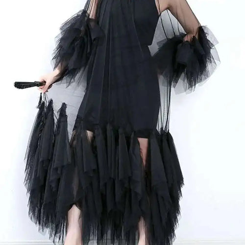 Load image into Gallery viewer, Women Black Ruffles Long Big Size Dress New Round Neck Three-quarter Sleeve Loose Fit Fashion Spring Summer 2025 JR77101
