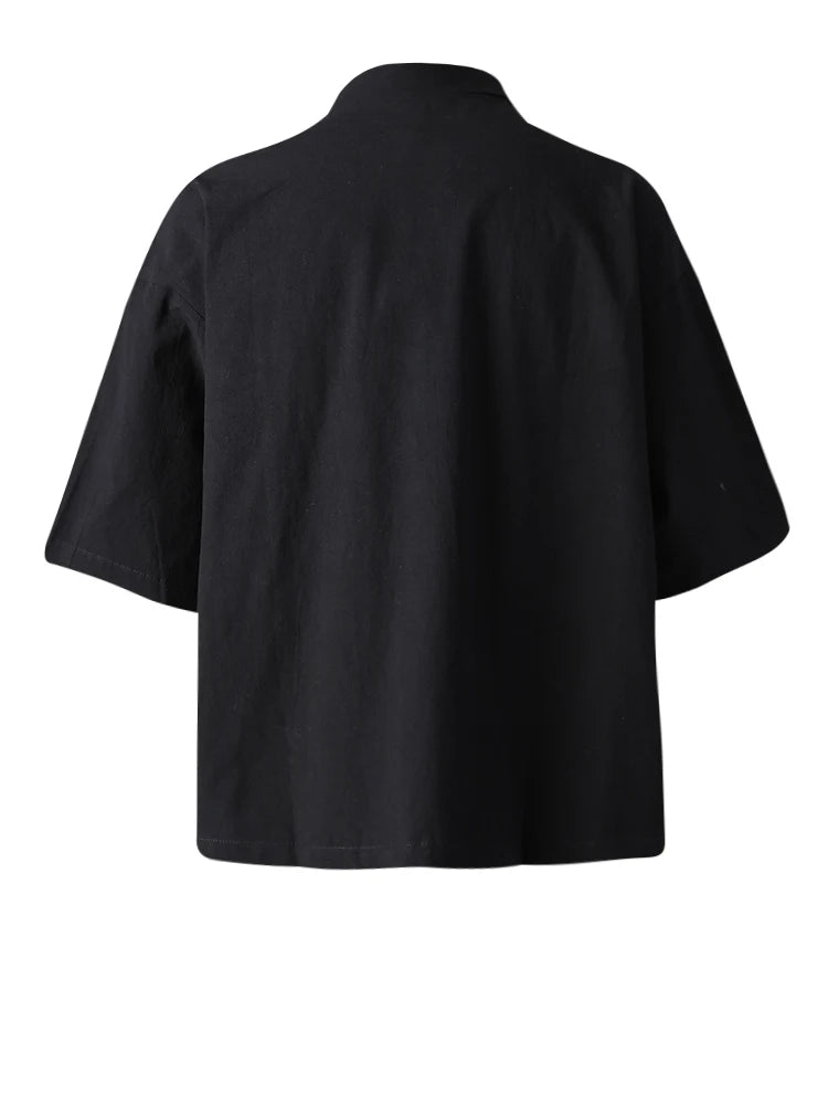 Women White Buckle Irregular Thin Big Size Blouse New Lapel Short Sleeve Shirt Fashion Tide Spring Summer 2025 CPG3164