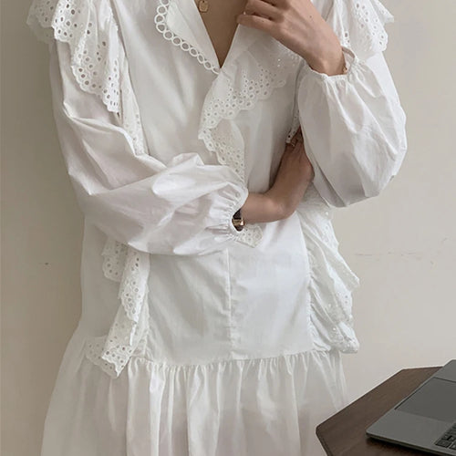 Load image into Gallery viewer, Ruffled White Sweet V-neck Female Dresses French Style Slight Stretch Hollow Out Solid Color Spring Summer Women&#39;s Dress
