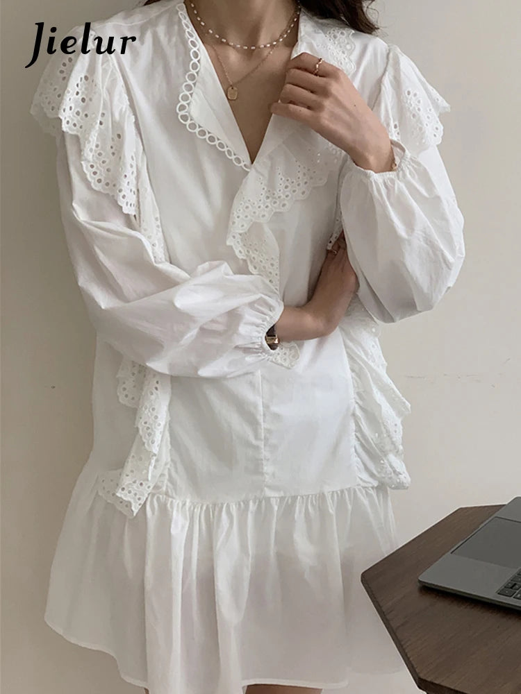 Ruffled White Sweet V-neck Female Dresses French Style Slight Stretch Hollow Out Solid Color Spring Summer Women's Dress