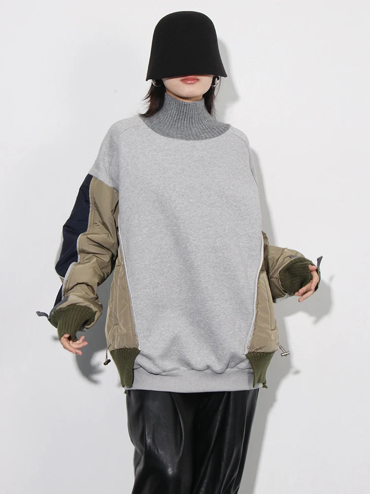 Colorblock Casual Pullover Sweatshirt For Women Turtleneck Long Sleeve Patchwork Drawstring Chic Sweatshirts Female