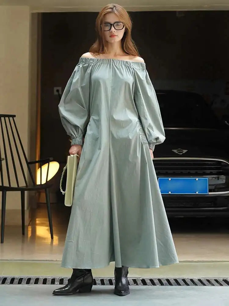 Women Black Brief Long Elegant Dress New Slash Neck Long Puff Sleeve Loose Fit Fashion Tide Spring Autumn 2025 1DF9947