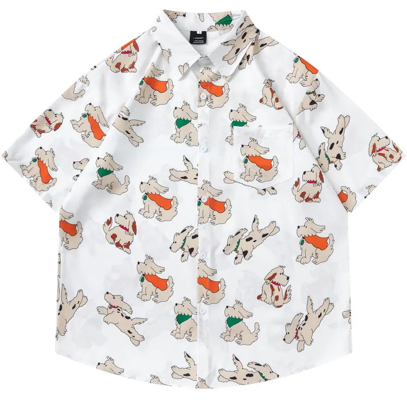 Hawaiian Shirts Cartoon Dog Graphic Printed Beach Blouse Harajuku Baggy Button Up Short Sleeve Shirt Hip Hop Casual Summer Tops