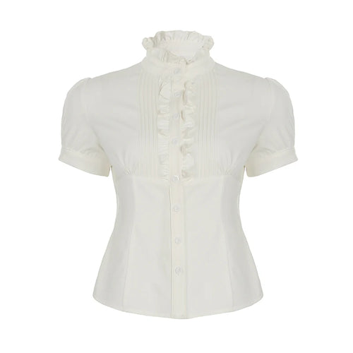 Load image into Gallery viewer, French Style Organ Folded Puff Sleeve White Shirts Women's Half High Collar Breasted Summer Blouse Slim-Fitting Tops
