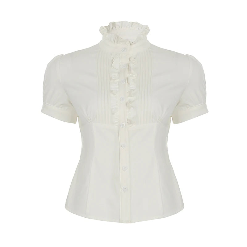 French Style Organ Folded Puff Sleeve White Shirts Women's Half High Collar Breasted Summer Blouse Slim-Fitting Tops