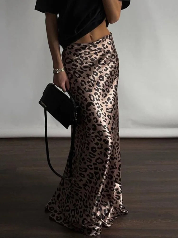 Satin Leopard Print Long Skirt Women Fashion High Waist Maxi Fishtail Skirt Ladies Fashion With Zipper Sexy Skirts