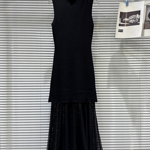 Load image into Gallery viewer, Slimming Spliced Meah Knit Dresses for Women Stand Neck Sleeveless Patchwork Folds Elegant Dress Female Clothes New
