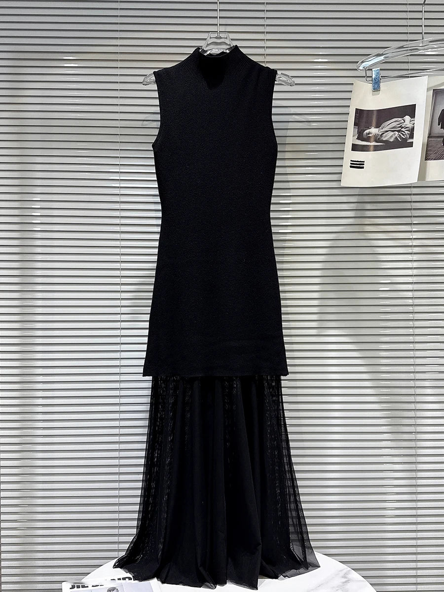 Slimming Spliced Meah Knit Dresses for Women Stand Neck Sleeveless Patchwork Folds Elegant Dress Female Clothes New