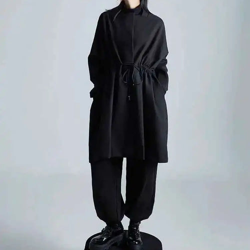 Load image into Gallery viewer, Loose Fit Black Bandage Big Size Long Jacket New O-neck Long Sleeve Women Coat Fashion Tide Spring Autumn 2025 1DH1987
