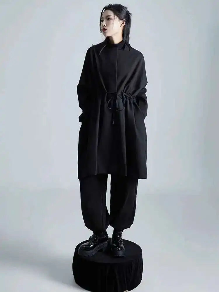 Loose Fit Black Bandage Big Size Long Jacket New O-neck Long Sleeve Women Coat Fashion Tide Spring Autumn 2025 1DH1987