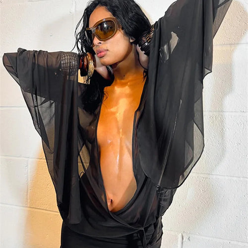 Load image into Gallery viewer, Mesh See Through Sexy Mini Dress For Women Black Sheer Mesh Deep V Neck Long Sleeve Backless Draped Ruched Dress
