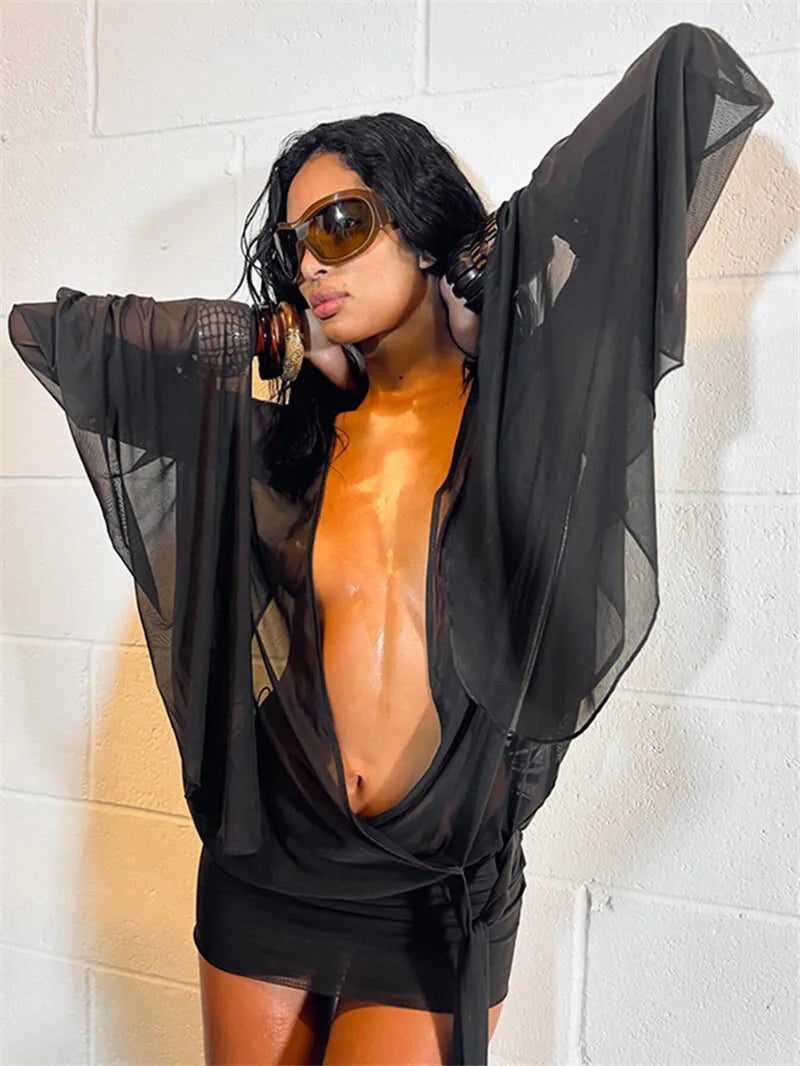 Mesh See Through Sexy Mini Dress For Women Black Sheer Mesh Deep V Neck Long Sleeve Backless Draped Ruched Dress