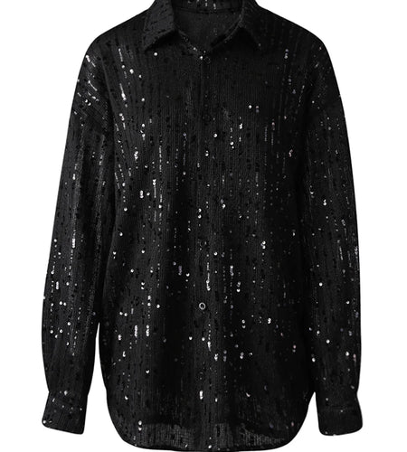 Women Black Sequins Elegant Perspective Big Size Blouse New Lapel Long Sleeve Shirt Fashion Spring Autumn 2025 CPG3180