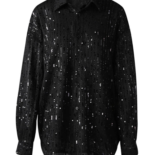 Load image into Gallery viewer, Women Black Sequins Elegant Perspective Big Size Blouse New Lapel Long Sleeve Shirt Fashion Spring Autumn 2025 CPG3180
