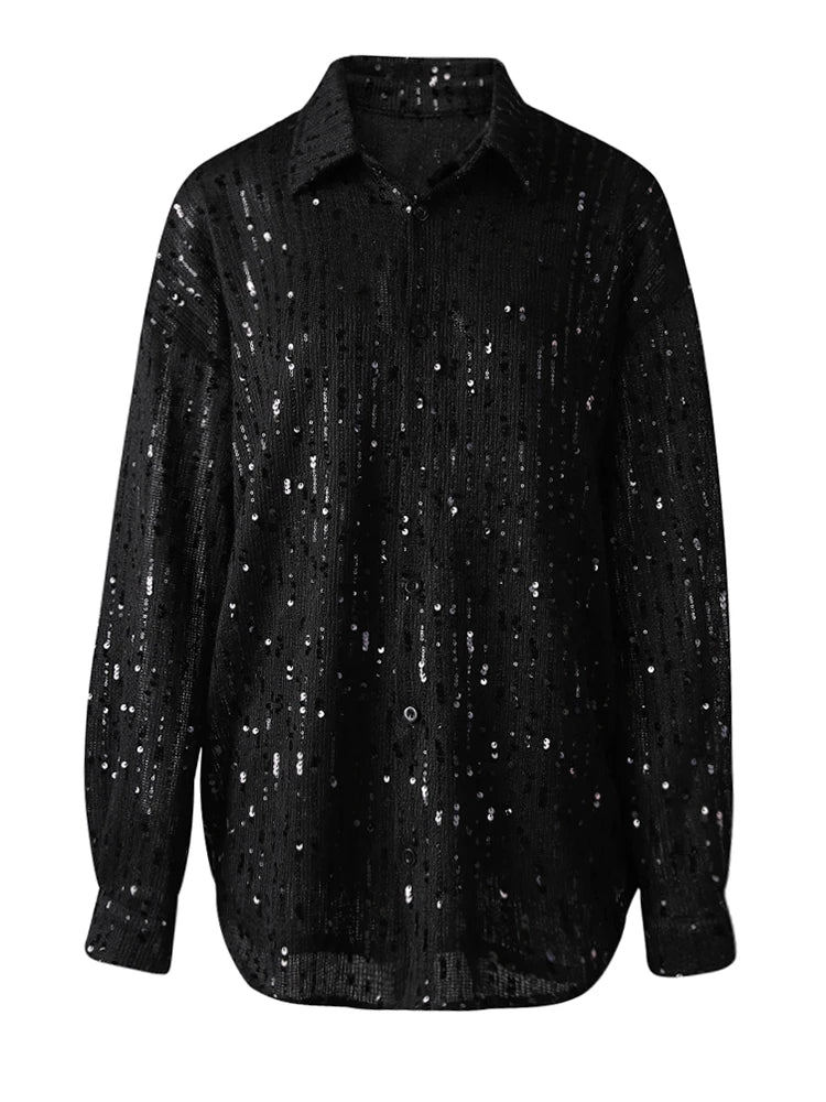 Women Black Sequins Elegant Perspective Big Size Blouse New Lapel Long Sleeve Shirt Fashion Spring Autumn 2025 CPG3180