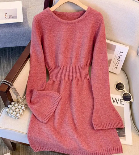 Autumn Winter Black Grey Elegant Round Neck High Waist Dress Women New Pink Long Sleeved Knitted Short Dress 2024 Korean Simple