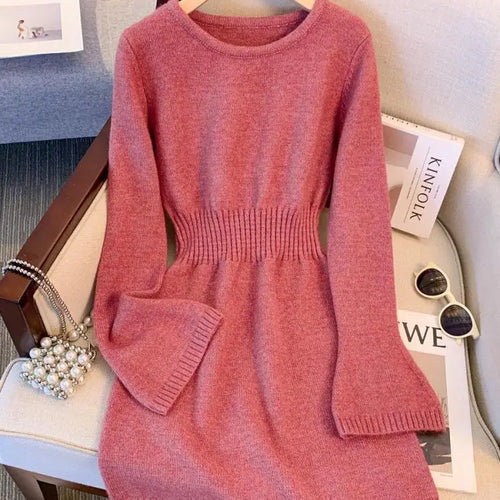 Load image into Gallery viewer, Autumn Winter Black Grey Elegant Round Neck High Waist Dress Women New Pink Long Sleeved Knitted Short Dress 2024 Korean Simple

