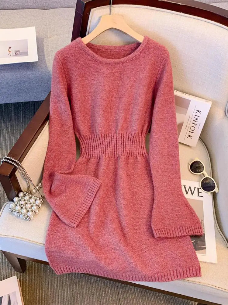 Autumn Winter Black Grey Elegant Round Neck High Waist Dress Women New Pink Long Sleeved Knitted Short Dress 2024 Korean Simple