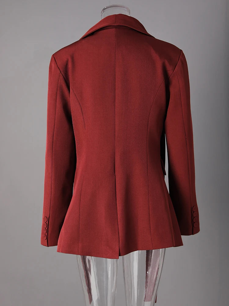 Women Red Double Breasted Ribbon Elegant Blazer New Lapel Long Sleeve Jacket Fashion Tide Spring Autumn 2025 CPDB326