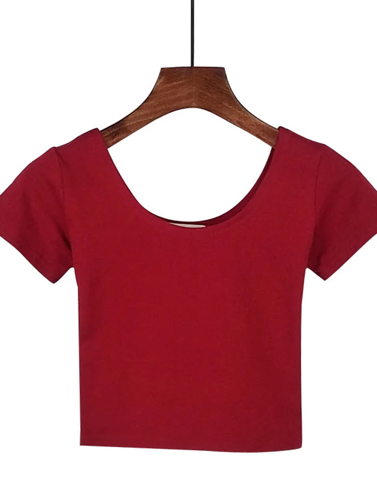 Solid Crop Top for Women Slim Fit High Waist Short Sleeve T-shirt Basic Summer Casual Tee