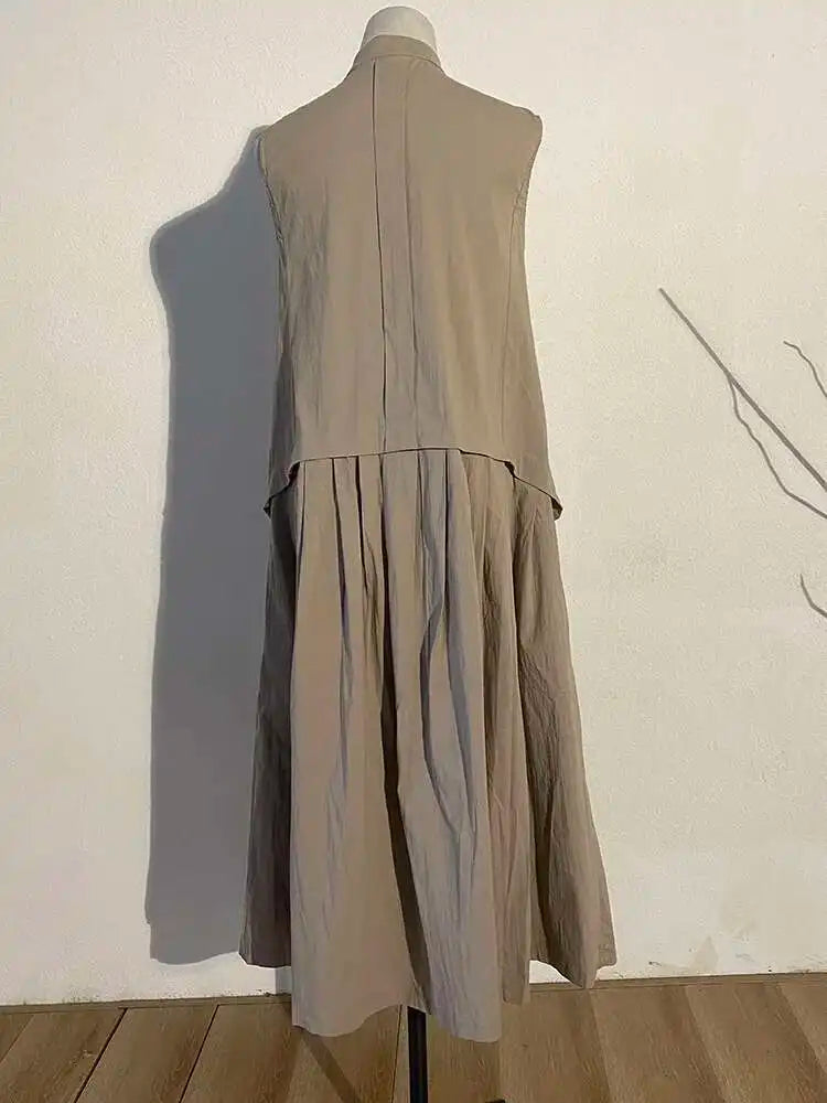 Women Khaki Split Pleated Long  Dress New Stand Collar Sleeveless Loose Fit Fashion Tide Spring Summer 2025 1Y353