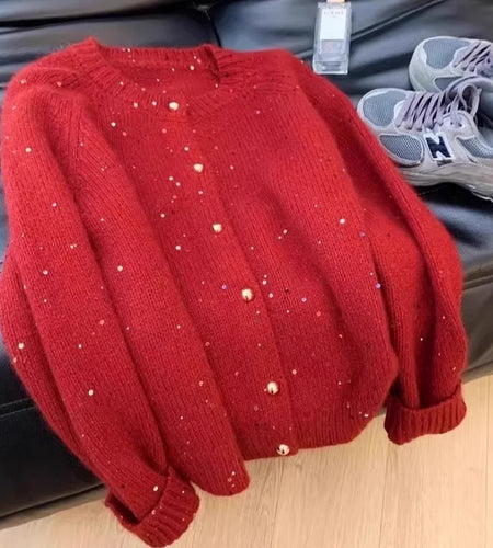 Korean Vintage Red Sequined Single Breasted Cardigan Sweater Women Autumn Winter Round Neck Long Sleeve Knitwear Tops Streetwear