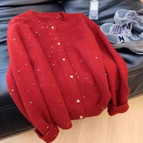 Load image into Gallery viewer, Korean Vintage Red Sequined Single Breasted Cardigan Sweater Women Autumn Winter Round Neck Long Sleeve Knitwear Tops Streetwear
