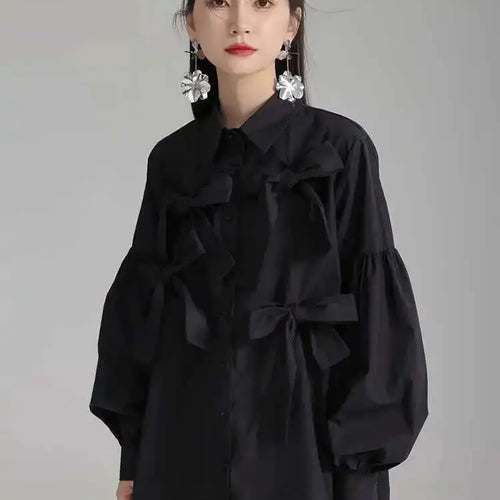 Load image into Gallery viewer, Women White Bow Spliced Big Size Elegant Blouse New Lapel Long Sleeve Shirt Fashion Tide Spring Autumn 2025 1DH5705
