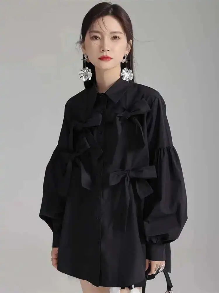 Women White Bow Spliced Big Size Elegant Blouse New Lapel Long Sleeve Shirt Fashion Tide Spring Autumn 2025 1DH5705