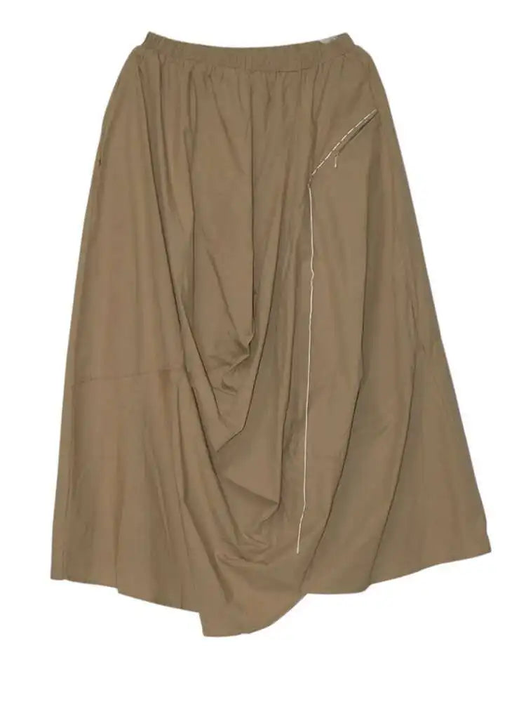 High Elastic Waist Khaki Pleated Irregular A-line Half-body Skirt Women Fashion Tide New Spring Autumn 2025 1DJ0225