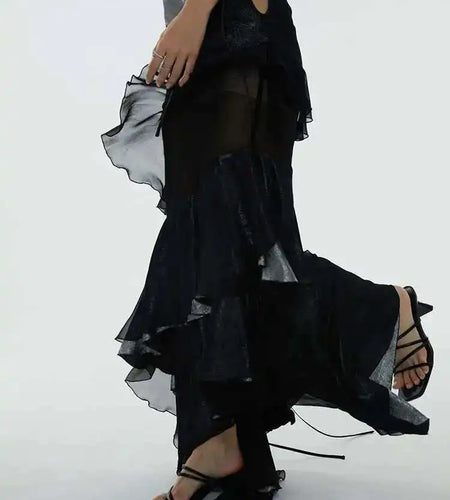 High Waist Black Irregular Mesh Ruffles Elegant Floor-Length Half-body Skirt Women Fashion New Spring Autumn 2025 1DH6274