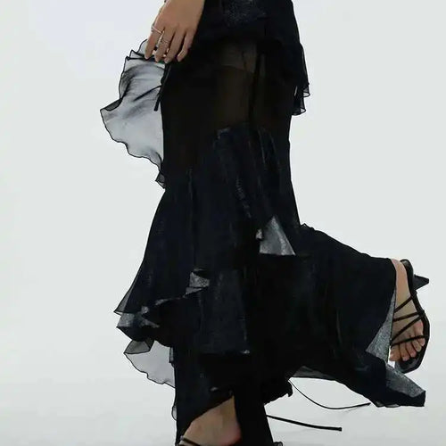 Load image into Gallery viewer, High Waist Black Irregular Mesh Ruffles Elegant Floor-Length Half-body Skirt Women Fashion New Spring Autumn 2025 1DH6274
