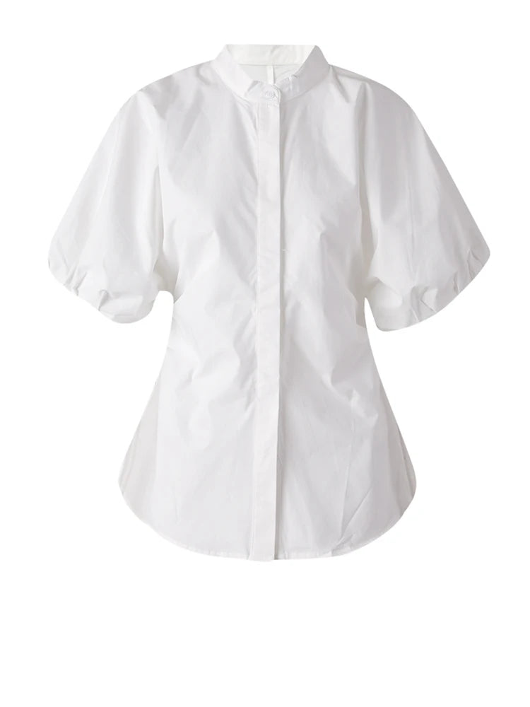 Women Coffee Shaped Elegant Blouse New Stand Collar Short Puff Sleeve Shirt Fashion Tide Spring Summer 2025 CPG3251