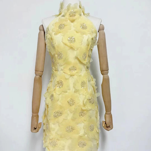 Load image into Gallery viewer, Solid Spliced 3D Flower Elegant Dresses for Women Halter Sleeveless Patchwork Sequins Fashion Mini Dress Female New
