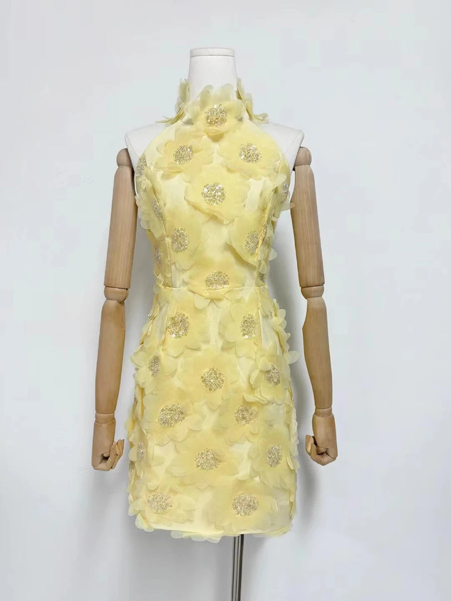 Solid Spliced 3D Flower Elegant Dresses for Women Halter Sleeveless Patchwork Sequins Fashion Mini Dress Female New